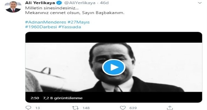 İstanbul Valisi Yerlikayadan merhum Başbakan Menderes için paylaşım