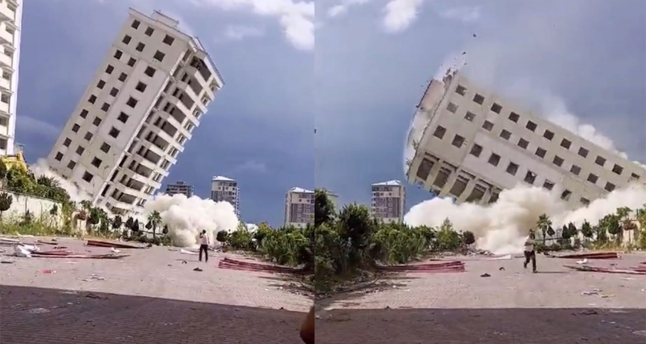 Hasarlı binanın yıkım sırasında çöktüğü anlar kamerada