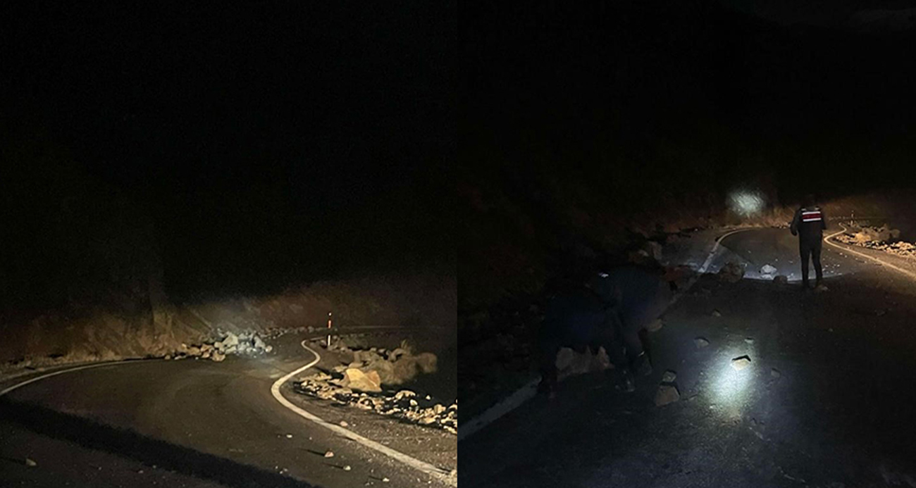 Depremde yola kaya parçaları düştü