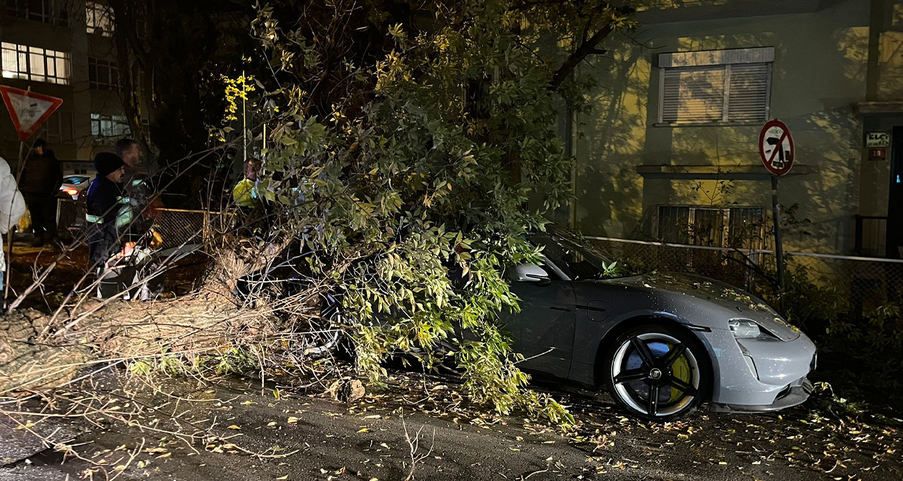 Ankara’da şiddetli rüzgarda kırılan ağaç dalı lüks otomobilin üzerine düştü