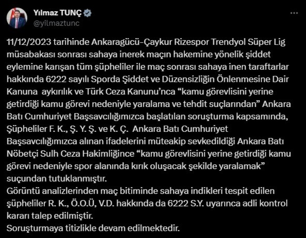 Bakan Tunç, Ankaragücü Başkanı Koca ve 2 kişinin tutuklandığını duyurdu