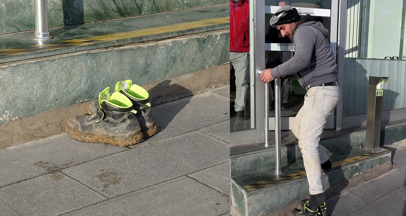 Çamurlu ayakkabılarını çıkarıp bankaya öyle girdi