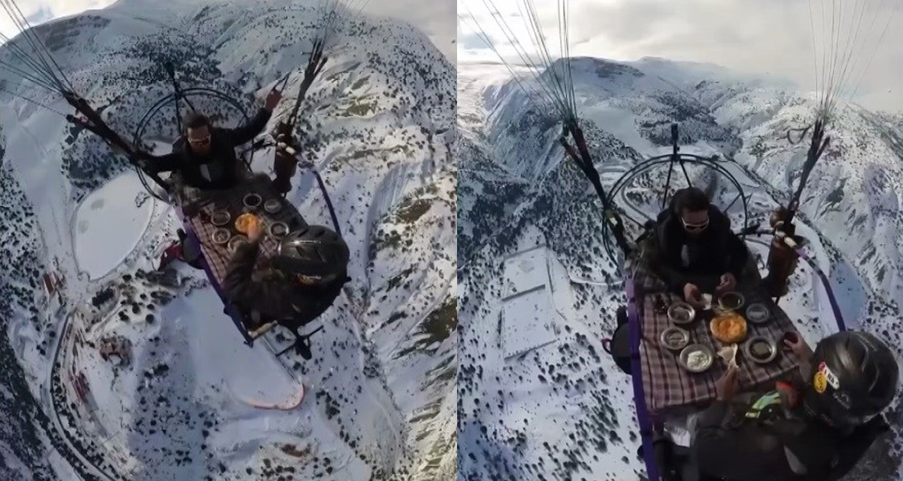 Çılgın paraşütçünün gökyüzünde kahvaltı keyfi binlerce beğeni aldı