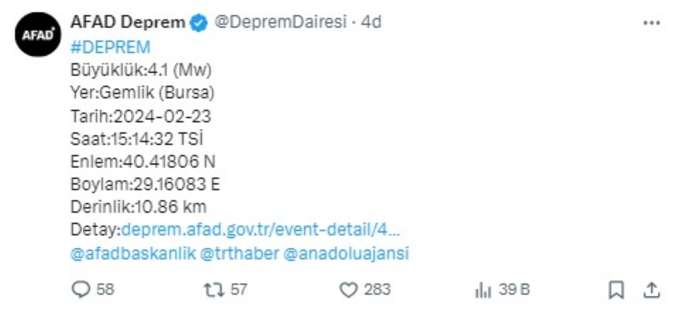 Bursa’da 4.1 büyüklüğündeki deprem korkuttu