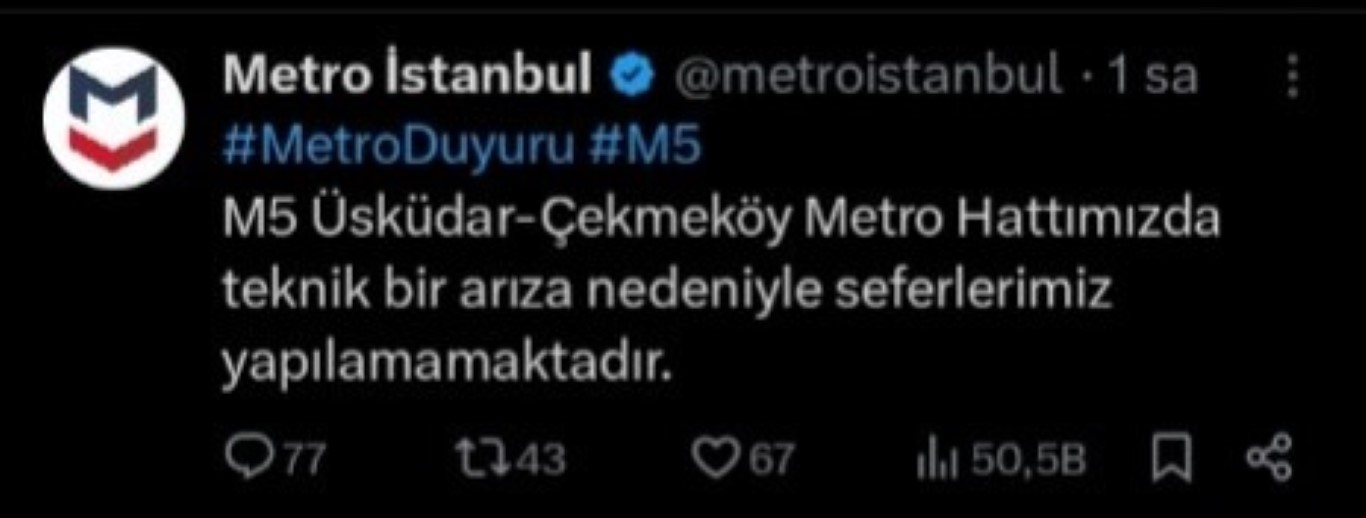 Üsküdar - Çekmeköy metro hattında arıza nedeniyle seferlerler aksadı