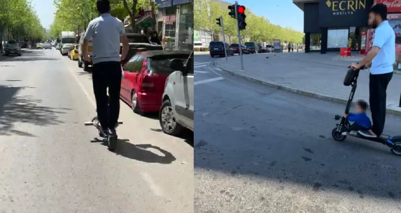 Tekirdağ’ın Çorlu ilçesinde trafiğin yoğun olduğu cadde üzerinde bir kişinin elektrikli scooterda ayak ucunda küçük çocukla yolculuk etmesi görenlerin tepkisini çekti.
