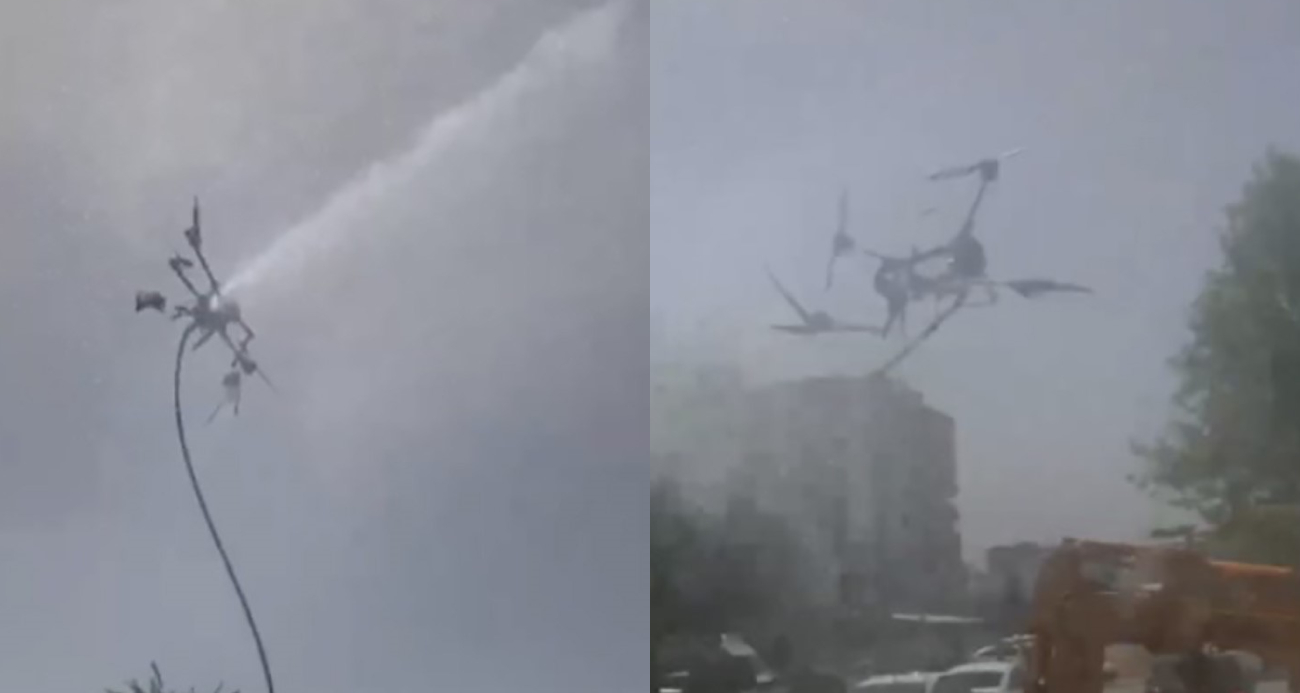 Osmaniye’de sanayi fuarında tanıtım amacıyla uçurulan yangın söndürme dronu düştü.