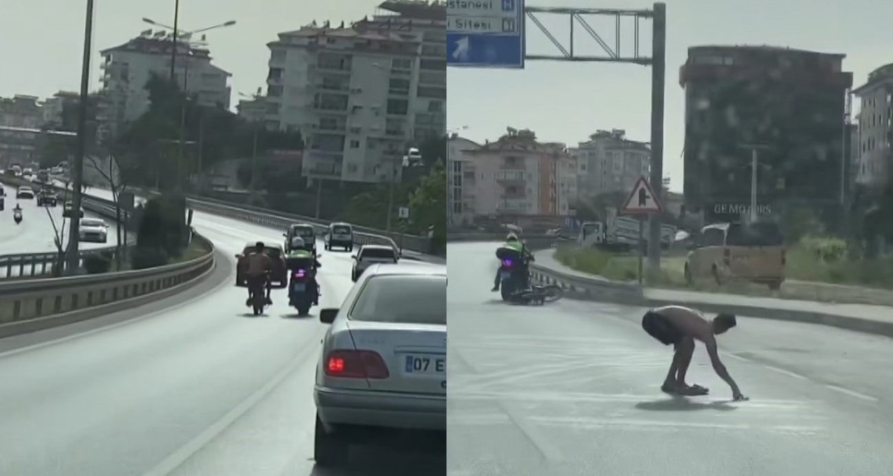 Antalya’nın Alanya ilçesinde çevreyolunda trafik polisinin ’dur’ ihtarına uymayan motosiklet sürücüsünün kovalamaca anları cep telefonu kamerasına yansıdı. Trafik polisi, metrelerce süren takip sonunda sürücüyü yakaladı.