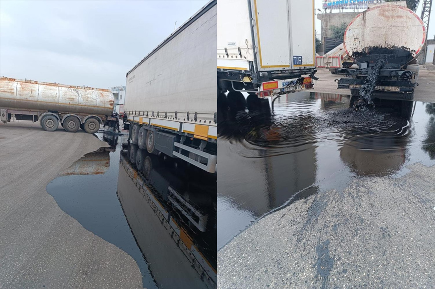  Mardin'in Nusaybin ilçesinde yakıt dolu tanker ile tır çarpıştı, kaza sonrasında tanker’in depo vanası kırılınca binlerce litre yağ oluk oluk yollara aktı.