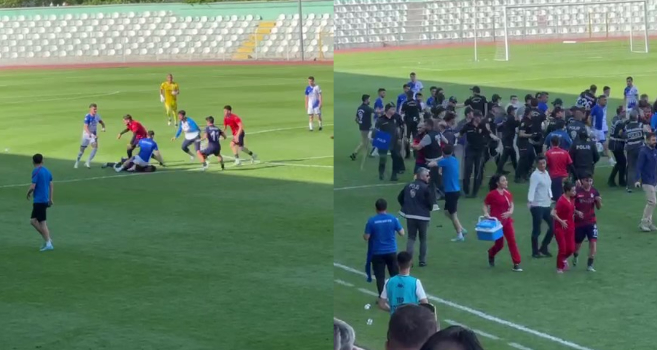 Amasya’da amatör maçta kavga: Sahaya çöp kovası atıldı, futbolcular birbirine girdi