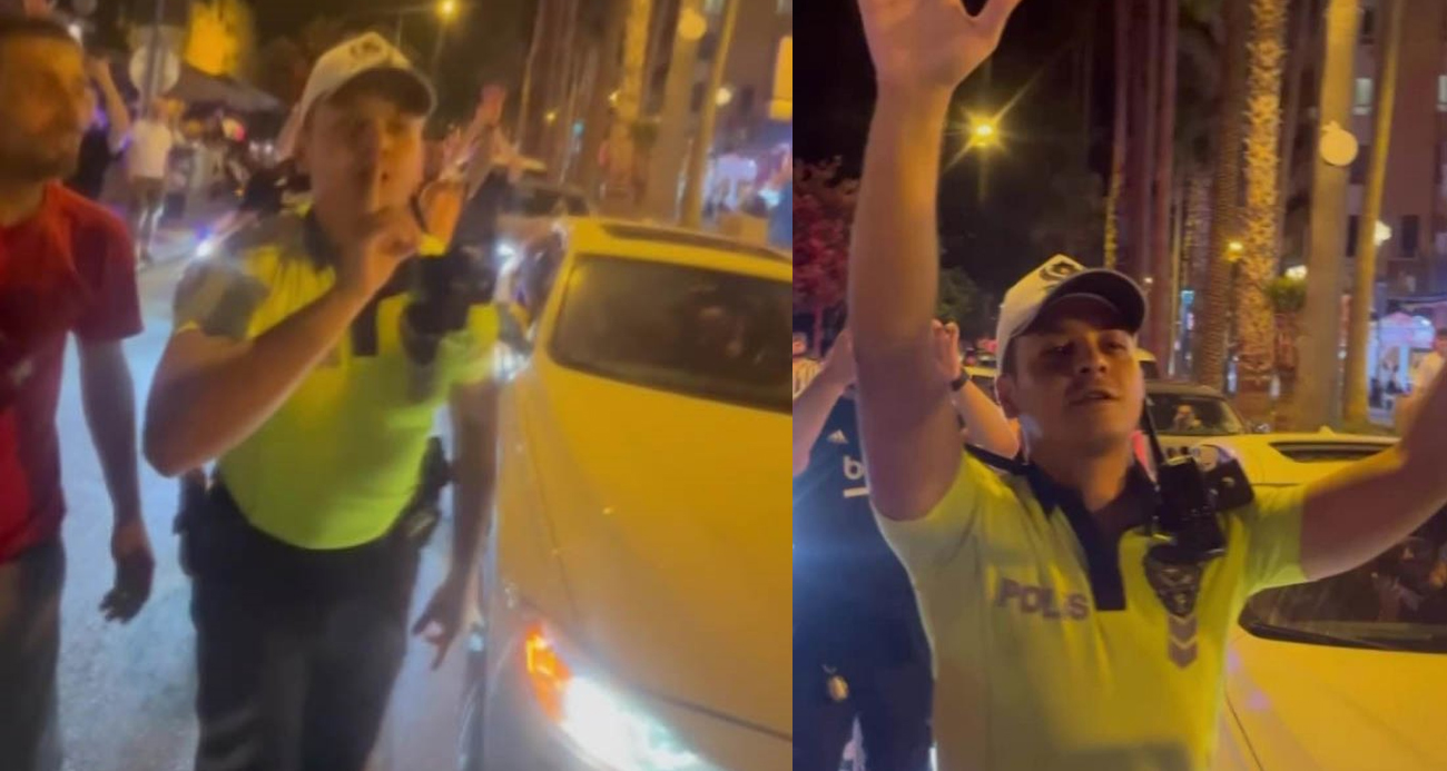 Trafik polisi vatandaşın galibiyet coşkusuna üçlü çektirerek ortak oldu