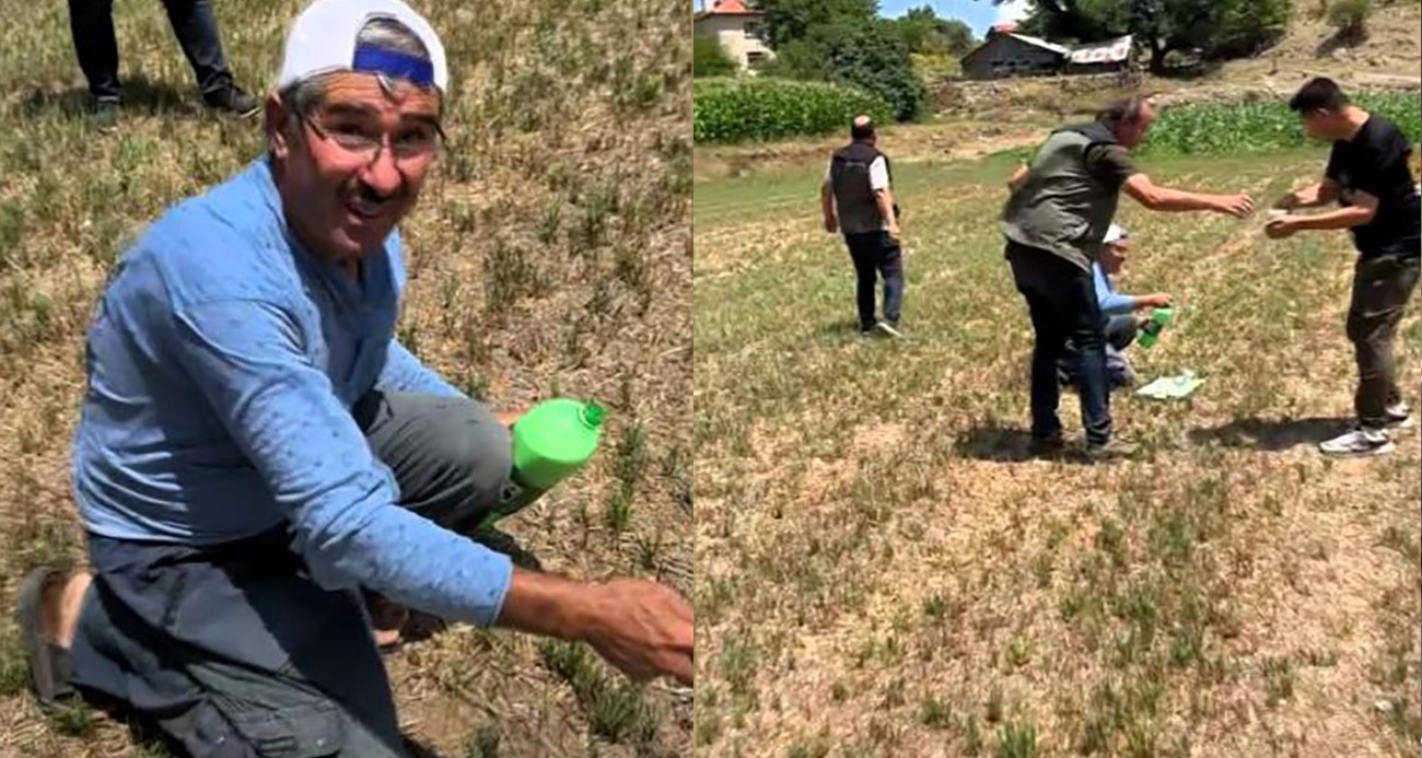 Zorunlu iniş yapan helikopterdeki yangın söndürme ekibini ayranla serinleten köylü kalpleri ısıttı