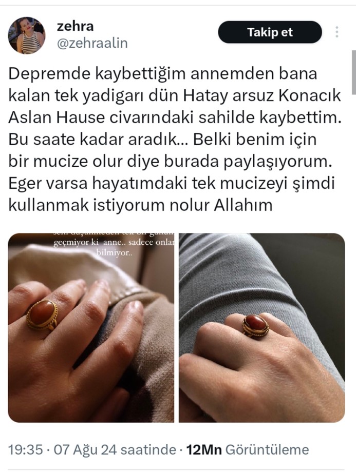 Depremde vefat eden annesinden kalan yüzüğü kaybeden genç kızın paylaşımı sonrası ekipler karış karış sahili arıyor