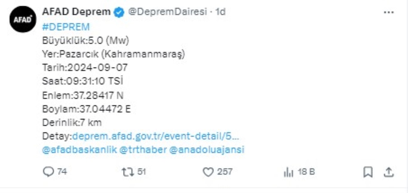 Kahramanmaraş’ta 5 büyüklüğünde deprem meydana geldi