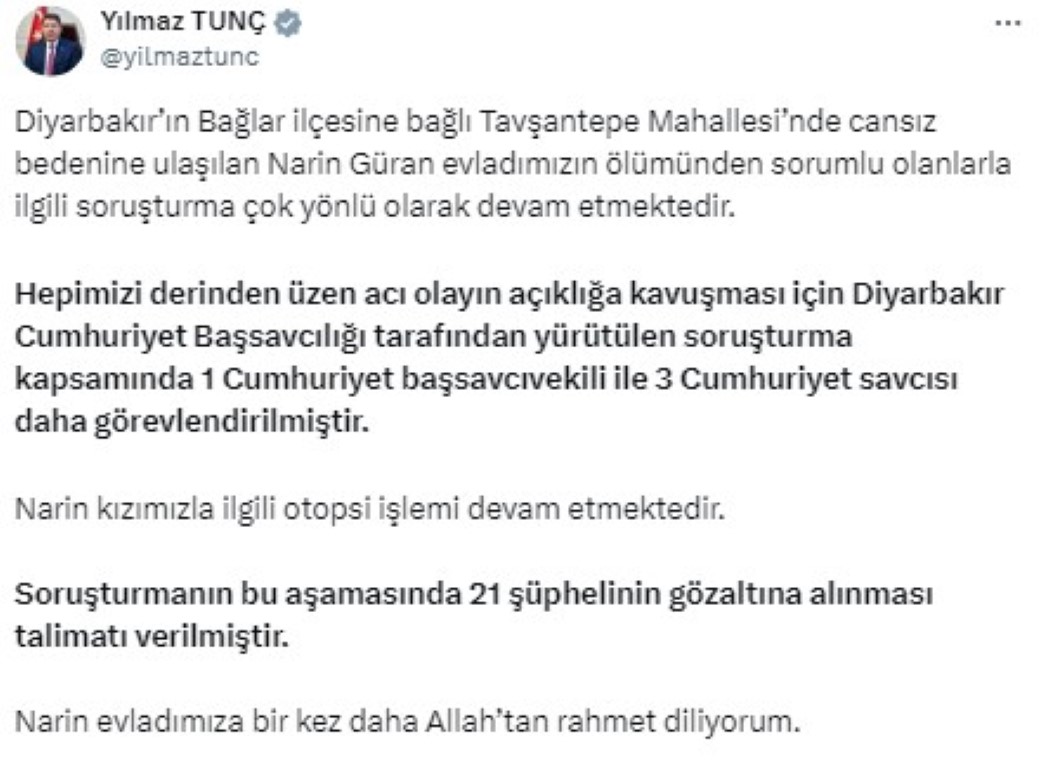 Ölü bulunan Narin olayında 21 kişi gözaltına alındı