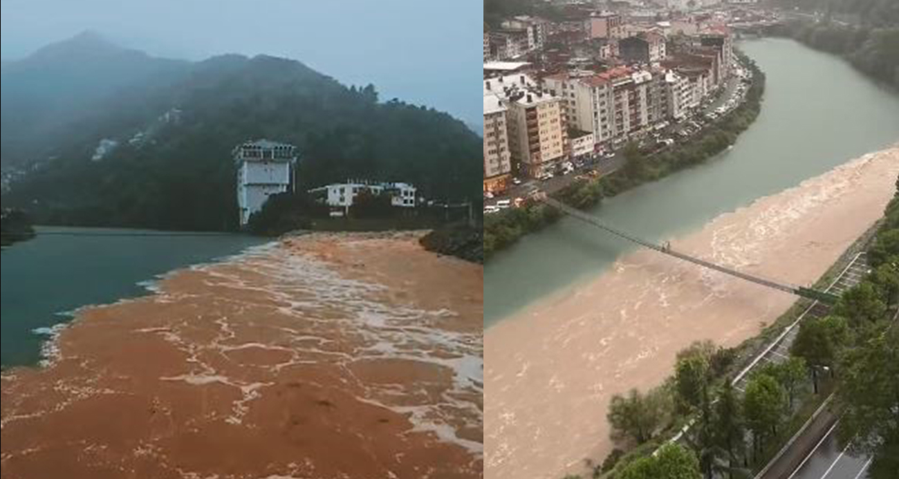 Artvin’de şiddetli yağış sonrası taşan dereler Çoruh nehriyle böyle buluştu