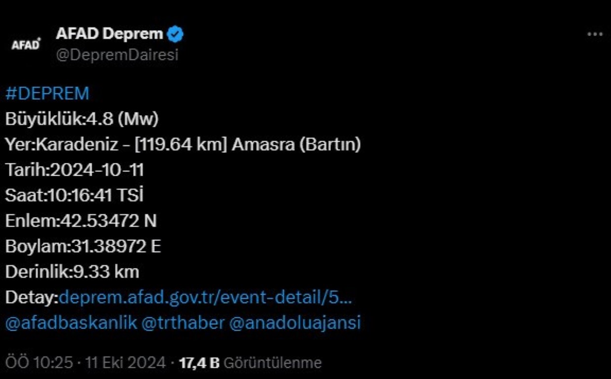 Bartın'da 4.8 büyüklüğünde deprem