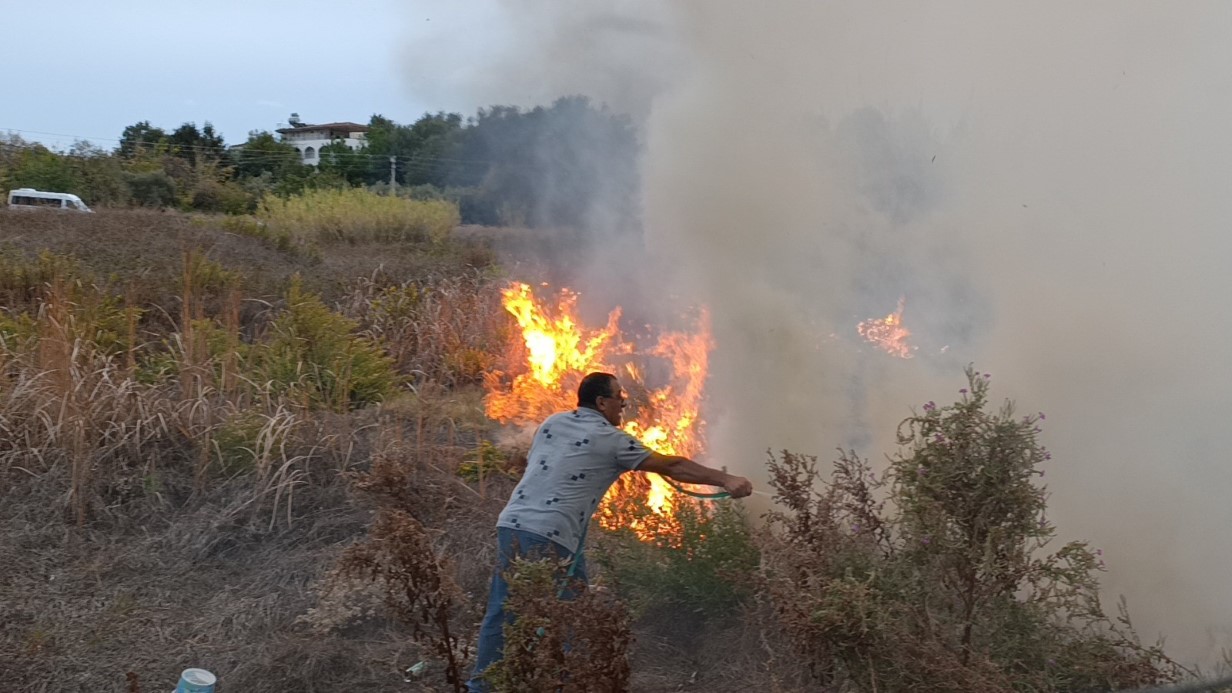 Sazlık alandaki yangına hortum ve bidonlarla müdahale ettiler