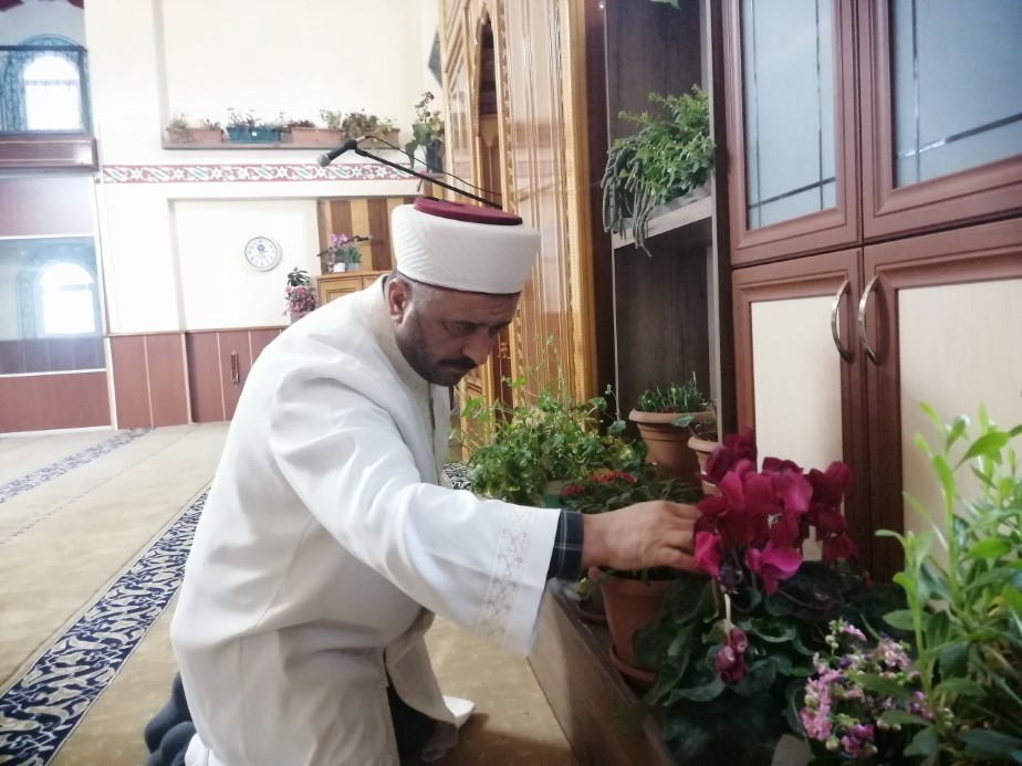 Tokatlı imam cami içini çiçek bahçesine çevirdi