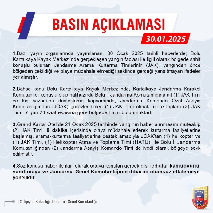 Jandarma Genel Komutanlığı’ndan Bolu’daki otel yangınına müdahale edilmediği iddialarına ilişkin açıklama