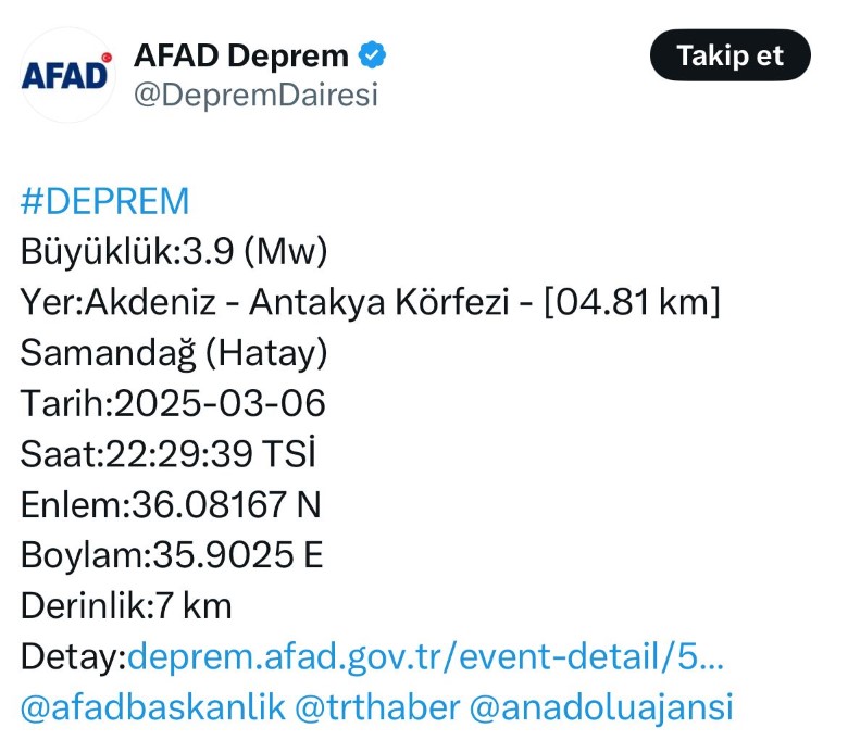 Hatay’da 3.9 büyüklüğünde deprem