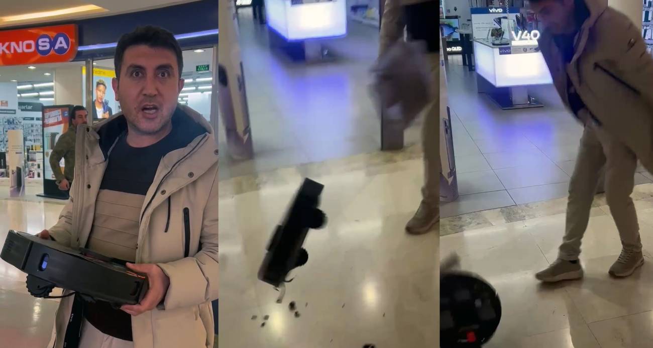 Kusurlu ürün çileden çıkarttı, akıllı süpürgeyi Teknosa mağazası önünde parçaladı