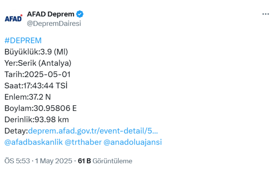 Antalya’da 3,9 büyüklüğünde deprem