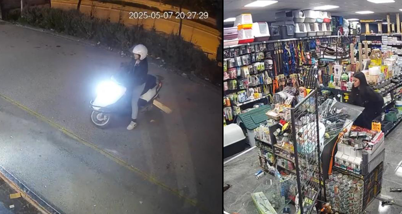 Motosiklet kadın sürücüsü ile birlikte petshop mağazasının camından içeriye daldı