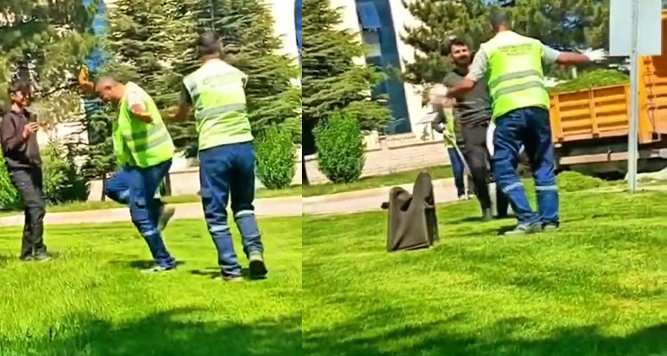 Davulun sesini duyan temizlik görevlileri, oynamaya başladı