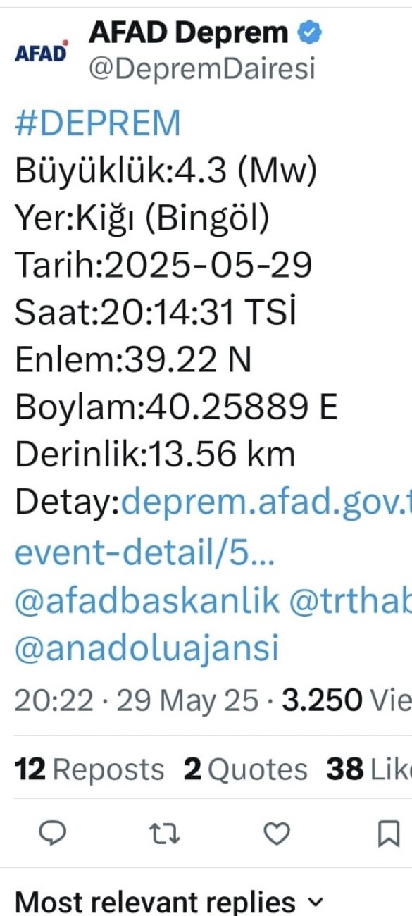 Bingöl’de 4,3 büyüklüğünde deprem