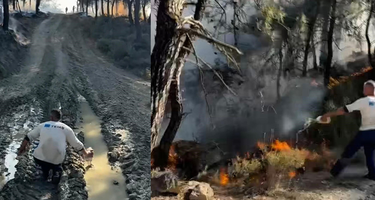 Alevlere elindeki pet şişeyle direndi: O anlar kamerada