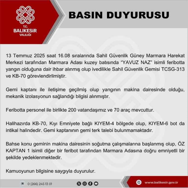 Feribottaki yangına müdahale sürüyor: 200 yolcu güvenli şekilde tahliye ediliyor