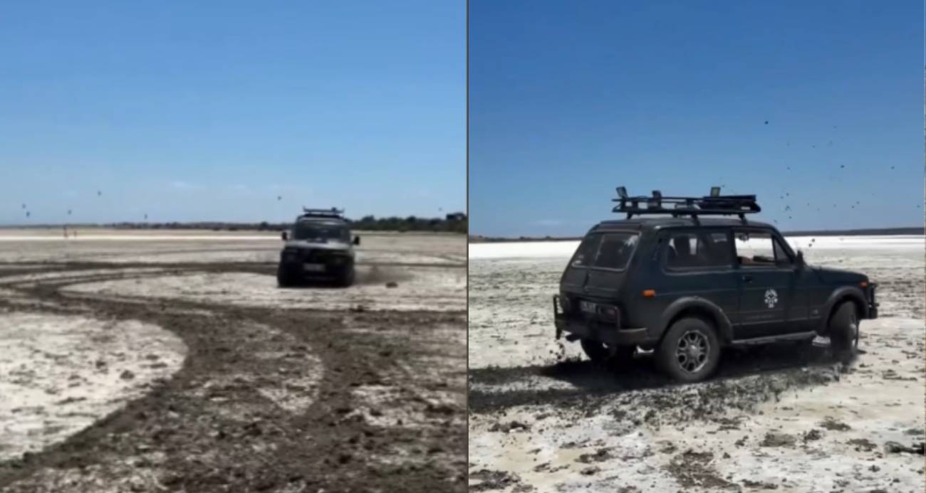 Gökçeada’da tuz gölünde arazi aracıyla drift yaptı