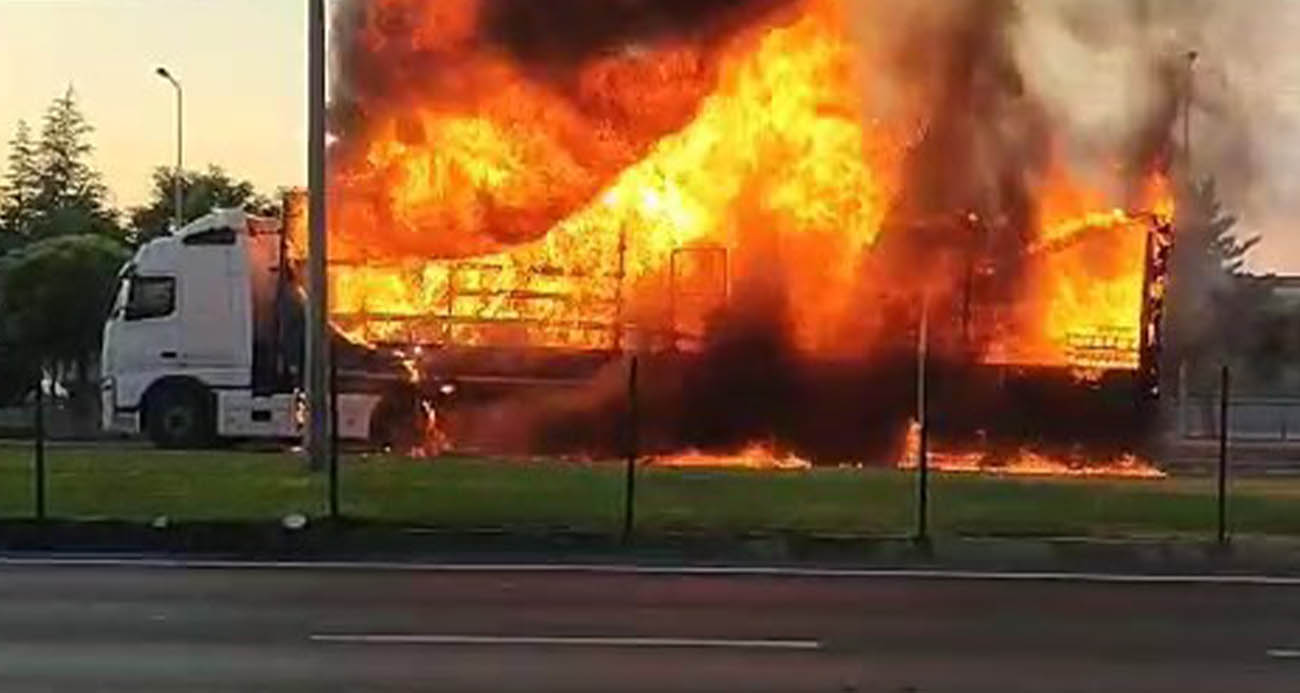 Seyir halindeki tır alev alev yandı