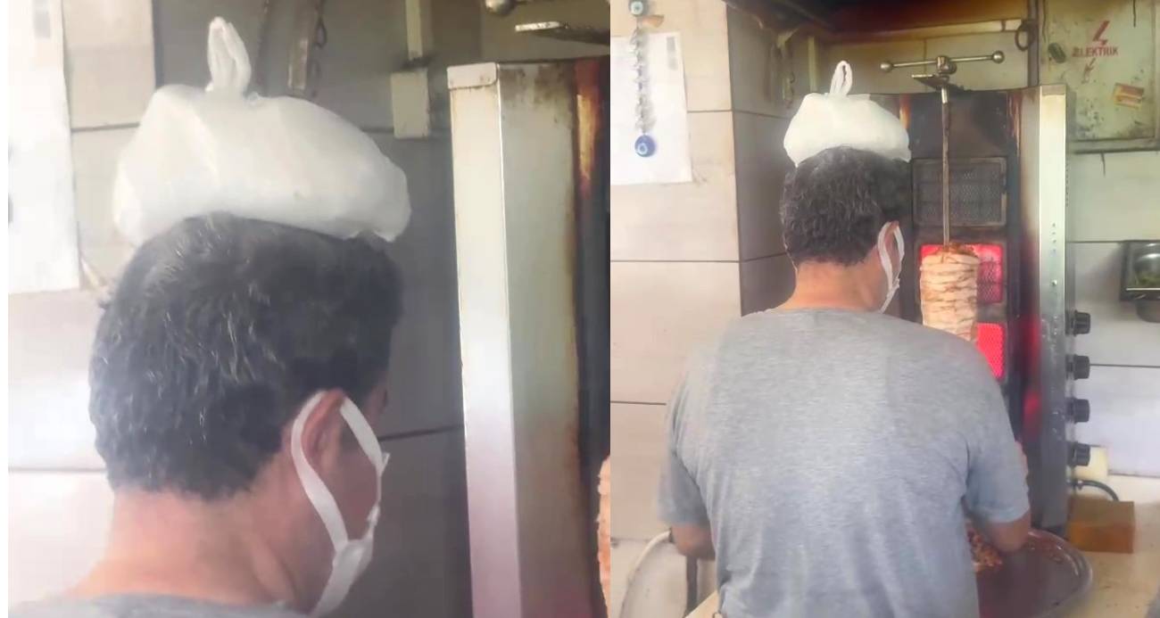 Dönerci ustası kavurucu sıcakta, ateş karşısında kafasına buz torbası koyarak serinlemeye çalıştı
