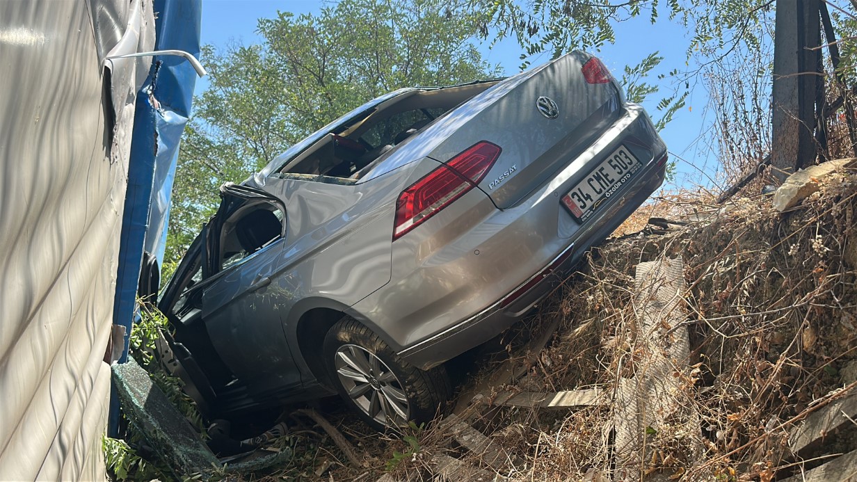 Sultanbeyli’de kontrolden çıkan otomobil ağaçlık alana uçtu: Kaza anı kamerada