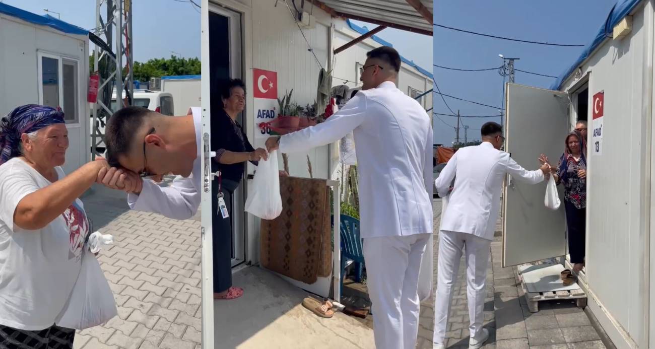 Depremde enkazdan çıkan genç, mezun olmasıyla adadığı hayvanın etini konteyner kentte dağıttı