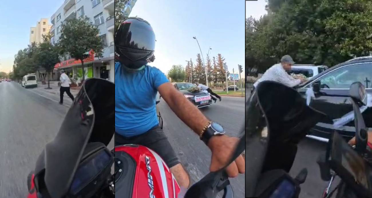 Düğün aracından para almak için metrelerce koştu, kaputa atladı
