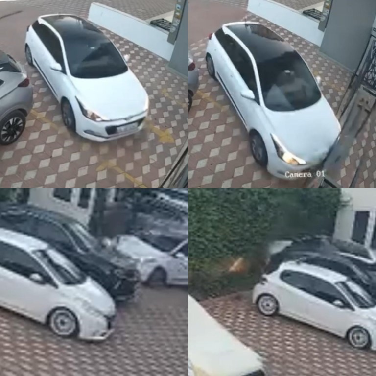 Bir anda gaza basınca kapıya çarpıp komşusunu ezdi