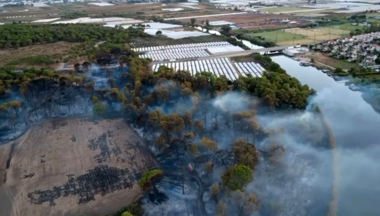 Antalya Aksu’da yanan ormanlık alan havadan görüntülendi