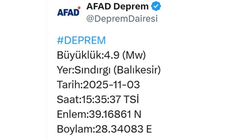 Balıkesir Sındırgı'da 4.9 büyüklüğünde deprem