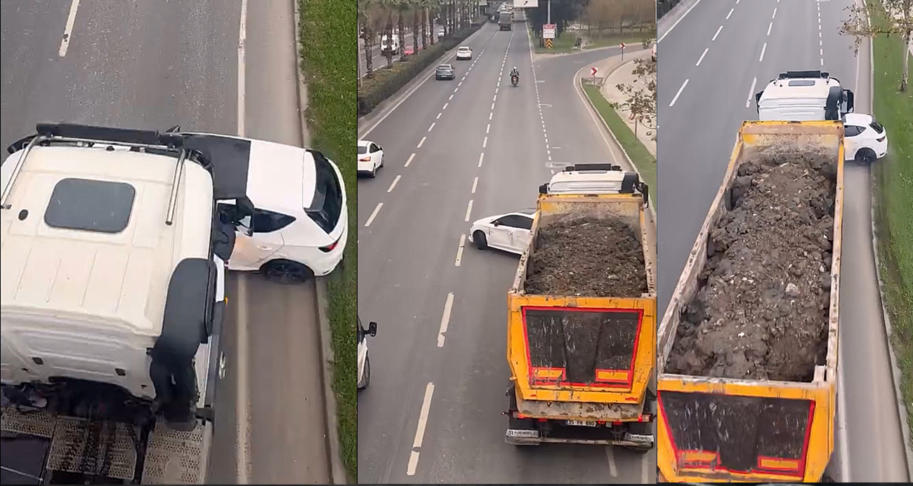 Hafriyat kamyonu, önüne aldığı otomobili 100 metre sürükledi