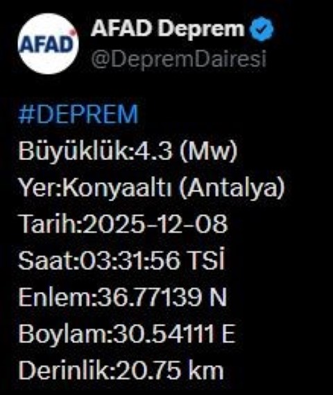 Antalya’da 4.3 büyüklüğünde deprem