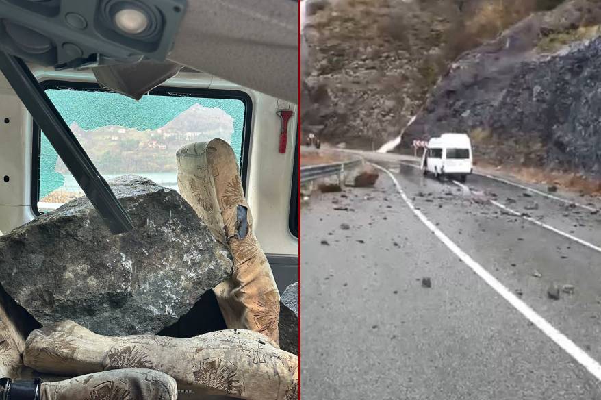 Minibüsün üzerine dev kayalar düştü, 3 kişi şans eseri kurtuldu