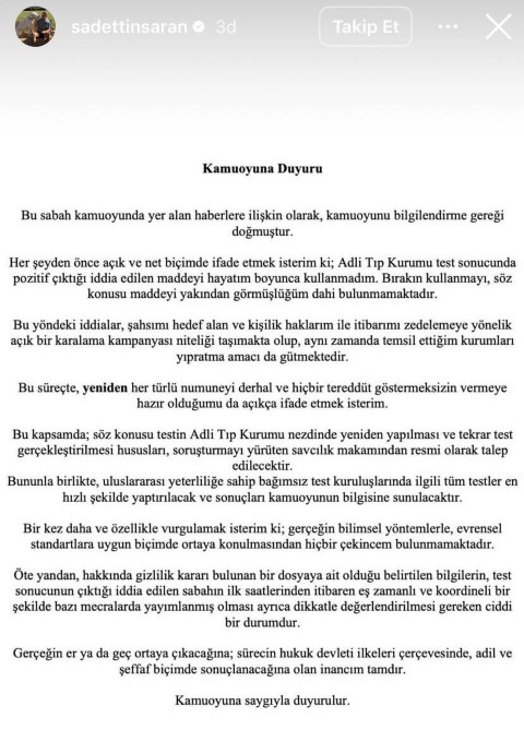 Sadettin Saran'ın test sonucu ortaya çıktı: Saç örneğinden alınan incelemede kokain değeri pozitif