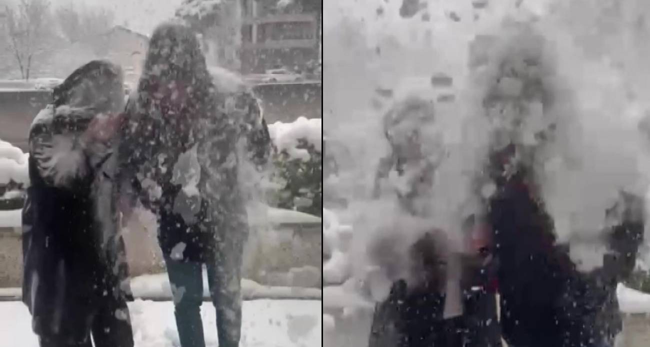 Fotoğraf çektirdikleri sırada hızla dökülen karlarla çiftin üstü bir anda beyaza büründü.