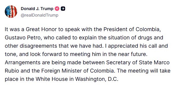 Trump, Kolombiya Devlet Başkanı Petro ile telefonda konuştuğunu duyurdu