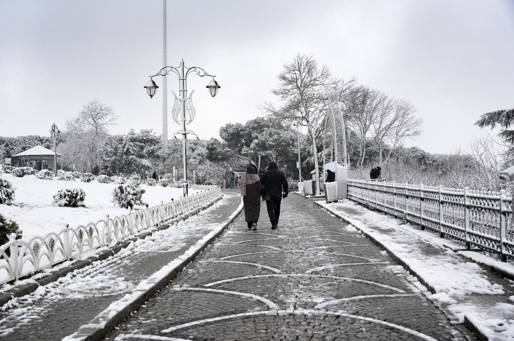 Çamlıca’da etkili olan kar yağışı havadan görüntülendi