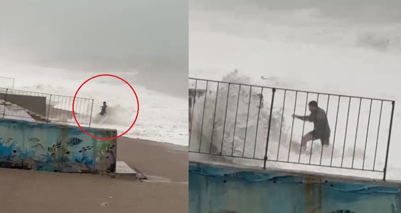 Son anda fark ettiği dev dalgaların arasında kalmaktan merdivene tutunarak kurtuldu