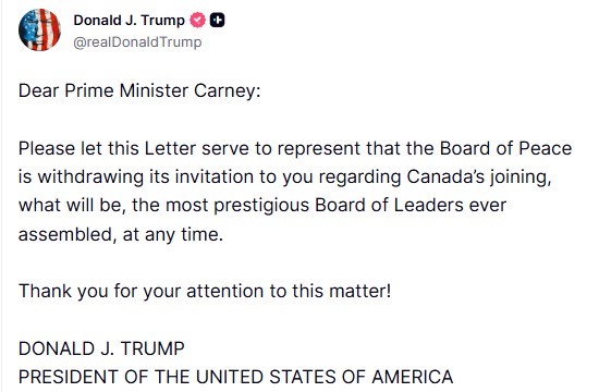 Trump, Kanada Başbakanı Carney’e yaptığı Gazze Barış Kurulu’na katılım davetini geri çekti